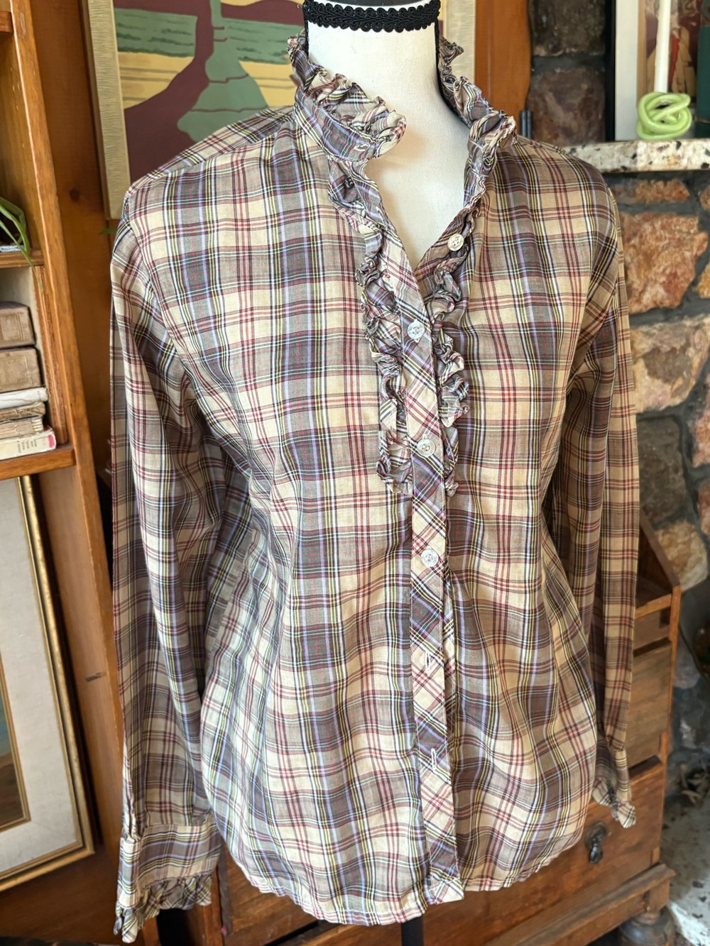 90s Vintage Ruffle Plaid Farmhouse Doen Style Boho Blouse M